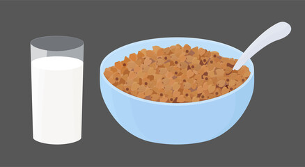 Buckwheat porridge with glass of milk in blue bowl. grain pile heap on plate. Cartoon breakfast vector illustration isolated on white background