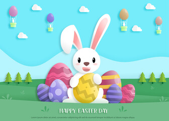 Happy easter day in paper art style with rabbit and easter eggs. greeting card, posters and wallpaper. Vector illustration.