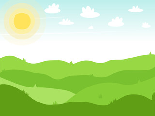 Bright background spring or summer landscape. Clouds run over the green lawn and the sun is shining brightly. Vector illustration. Flat.
