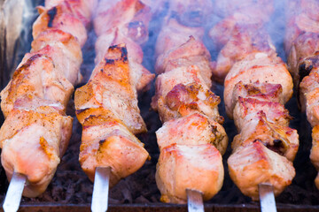 Georgian traditional dish, Mtsvadi on the fire, raw meal on the grill, barbeque