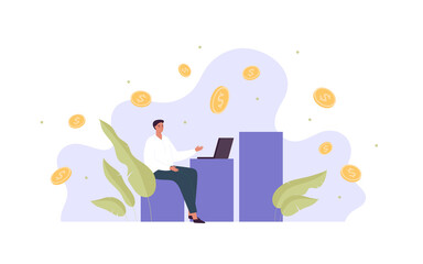 Business and finance success concept. Vector modern flat people illustration. Column chart and money sign. Male employee with laptop sitting. Freelance and startup symbol.