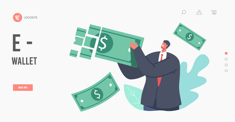 E-wallet Online Payment, Transaction Landing Page Template. Tiny Businessman Character Transfer Money via Digital Wallet