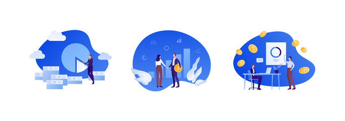 Business solution, partnership and success concept. Vector flat people illustration set. Businessman and businesswoman handshake. Male employee make presentation. Businesswoman work on laptop.