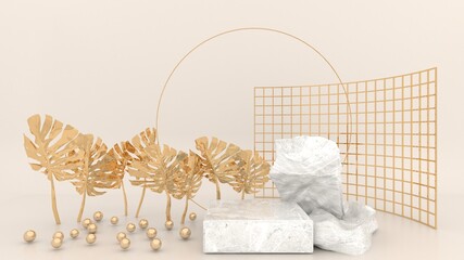 Geometric marble podium surrounded by golden spherical balls, gold leaves, and mesh panels on a cream background. Concept display for use in advertising media. 3d rendering