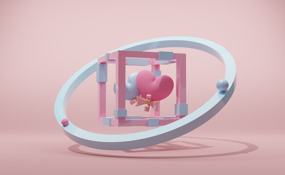 two heart shaped balloon in box with with geometric shapes in pink pastel composition valentine's day concept ,abstract background ,3d illustration or 3d render