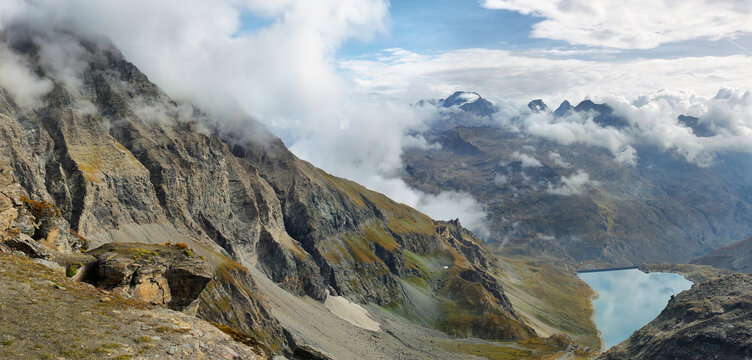 View of Serru lake from Col de la Lose in Vanoise national park, french alps,