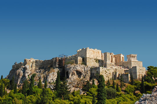 View toward the Acropolis  of Athens during summer. Ancient Greek architecture.