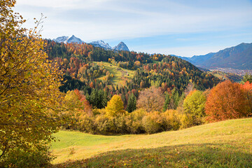 breathtaking autumnal landscape, view from hiking trail wamberg to Eckbauer, bavarian alps
