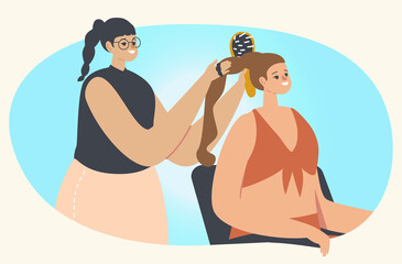 Young Woman Visiting Beauty Salon. Master Character doing Braiding Hairstyle for Girl in Barbershop Using Comb