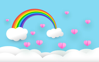 valentine day, beautiful flower , paper art style, rainbow and clouds in the sky