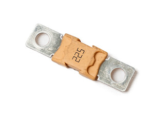 Yellow electronic  power fuse on a white isolated background in a photo studio of a car electrical circuit protection device for sale or repair in auto service.