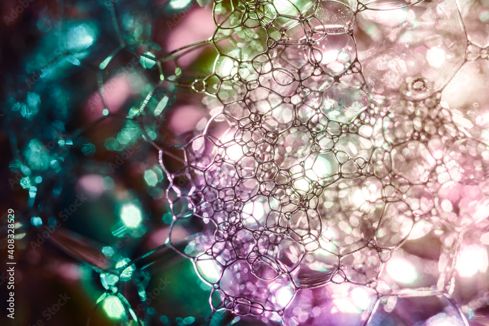 Fototapete close up beautiful abstract soap bubbles. background pattern for design. macro photography view.