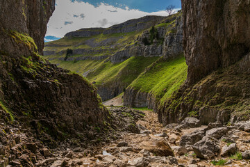 Yorkshire Dales landscape at the Gordale Scar near Malham, North Yorkshire, England, UK