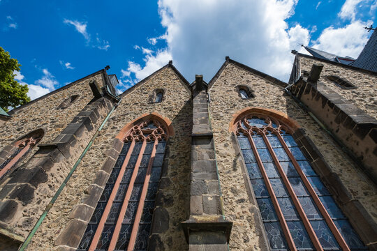 Looking up at the facade of the Markuskirche in Butzbach / Germany in the Taunus