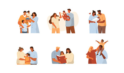 Multicultural Families Spending Time Together. Mother, Father and  Kids Hugging and Smiling to Each Other. Happy Parents having Fun with their Daughters and Sons. Flat Cartoon Vector Illustration.

