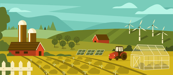 Sustainable Agricultural Farm and Garden with Plant Fields, Greenhouse, Windmills and Solar Energy Panels. Eco Farming and Agricultural Technology Concept. Flat Cartoon Vector Illustration.