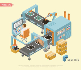 Isometric industrial factory horizontal banners with automated lines of production assembly.