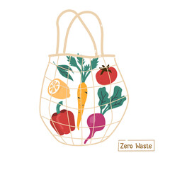Fresh Vegetables in Eco Friendly Textile Shopper Bag. Sustainable Grocery  Shopping and Lifestyle. Zero Waste and Recycle Concept.  Flat Cartoon Vector Illustration.