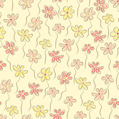 Wildflowers Vector Seamless pattern. Floral background with Hand drawn doodle Wild Flowers.
