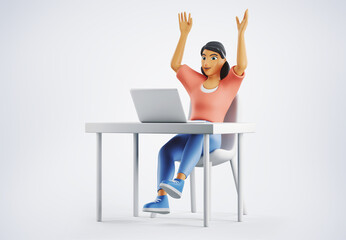 3d character woman is excited and happy working on her laptop