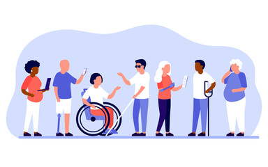 Group diverse of people with disabilities work together in office. Disabled different people stand in raw and communicate with mobile phone, laptop. Handicapped persons work. Vector illustration - obrazy, fototapety, plakaty