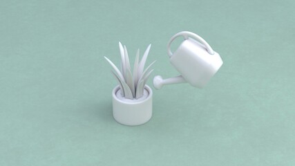 Small modern plant in pot and watering can minimalist gardening abstract design concept