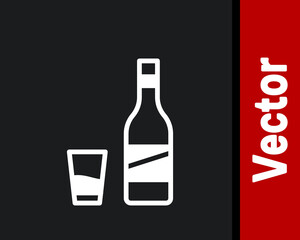 White Bottle of vodka with glass icon isolated on black background. Vector.