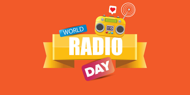 World radio day horizontal banner with vintage old orange cassette stereo player isolated on orange background. Cartoon funky hipster Radio day banner or poster