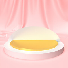 3d rendering and pink background in cylindrical, polygon platform with gold detail, 3d render, scene with geometrical forms, minimal abstract background, minimal fashion mockup