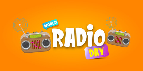 Obraz premium World radio day horizontal banner with vintage old orange cassette stereo player isolated on orange background. Cartoon funky hipster Radio day banner or poster