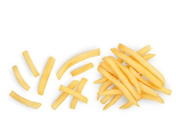 French fries or fried potatoes isolated on white background with clipping path . Top view with copy space for your text. Flat lay