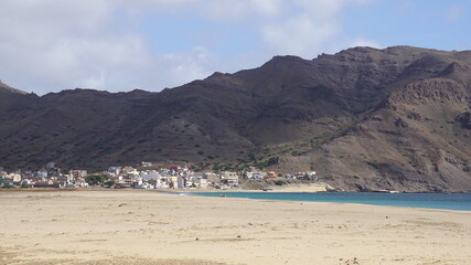 Fototapeta na wymiar the view of Sao Pedro from the beach, on the island Sao Vicente, Cabo Verde, in the month of December