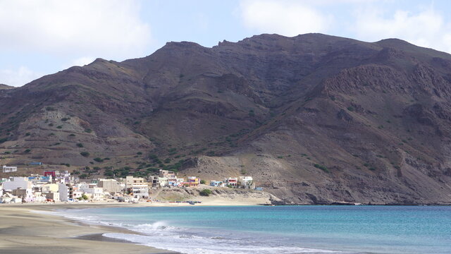 buildings and boats on the beach of Sao Pedro, on the island Sao Vicente, Cabo Verde, in the month of December