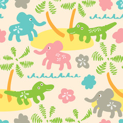 Africa. Kids seamless pattern. Funny cartoon elephants and crocodiles.
