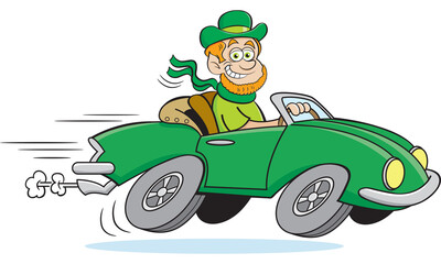Cartoon illustration of a leprechaun driving a fast little car.