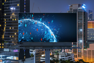 World planet Earth map hologram and social media icons on billboard over night panoramic city view of Bangkok, Southeast Asia. Networking and establishing new connections between people. Globe