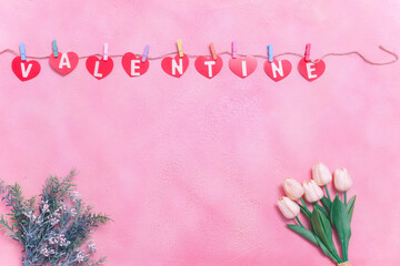 Fototapeta premium Love message, Gift box with beautiful flowers, concept of Valentine's day and dating concept, copy space, topview.