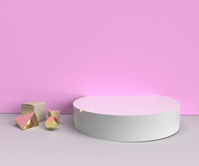 3d rendering and pink background in cylindrical, polygon platform with gold detail, 3d render, scene with geometrical forms, minimal abstract background, minimal fashion mockup