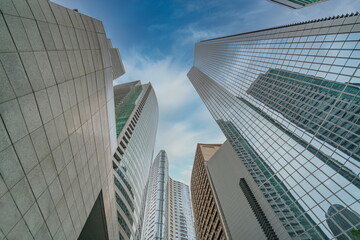Upward view photo of futuristic financial towers in Makati City, Philippines 