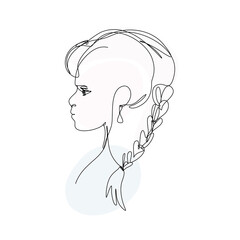 Continuous line art girl face painting with a braid  isolated on a  white background. Contemporary portrait with an editable stroke.