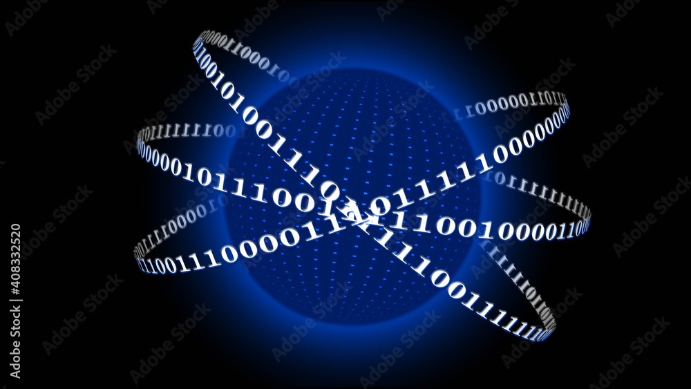 Aufkleber abstract digital earth encircled by binary code lines on black background - global communication net