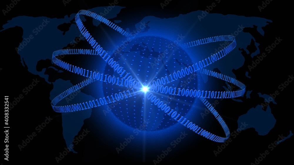 Aufkleber abstract digital earth encircled by binary code lines on blurred world map background - global commu