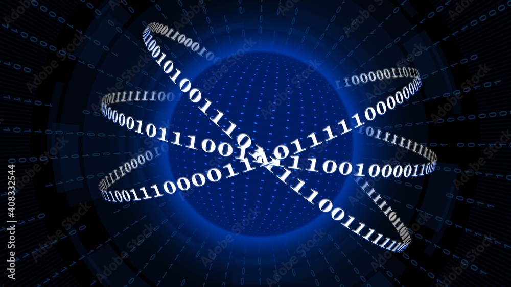 Poster abstract digital earth encircled by binary code lines with binary rays and blurred hud elements on b