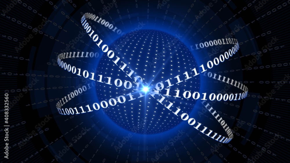 Poster abstract digital earth encircled by binary code lines with binary rays and blurred hud elements on b