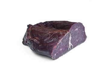 Piece of dried beef meat isolated on white background.