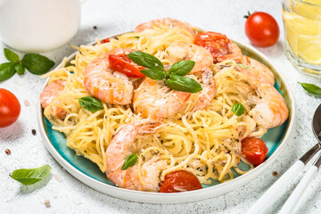 Pasta seafood. Spaghetti with shrimp and cream sauce. Traditional italian food.