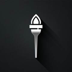 Silver Torch flame icon isolated on black background. Symbol fire hot, flame power, flaming and heat. Long shadow style. Vector.
