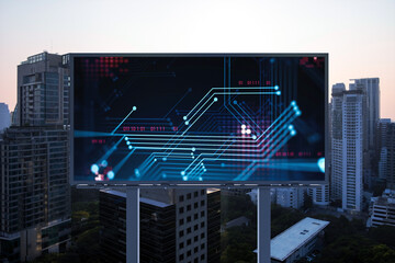 Glowing hologram of technological process on billboard, aerial panoramic cityscape of Bangkok at sunset. The largest innovative hub of tech services in Southeast Asia.