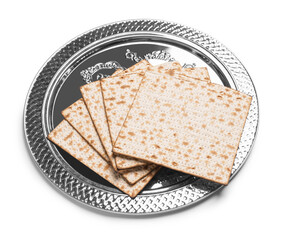 Passover Seder plate with Jewish flatbread matza on white background
