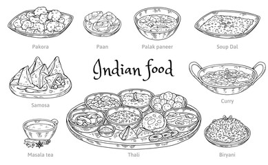 Set of indian food icons in hand engraved style vector illustration isolated.